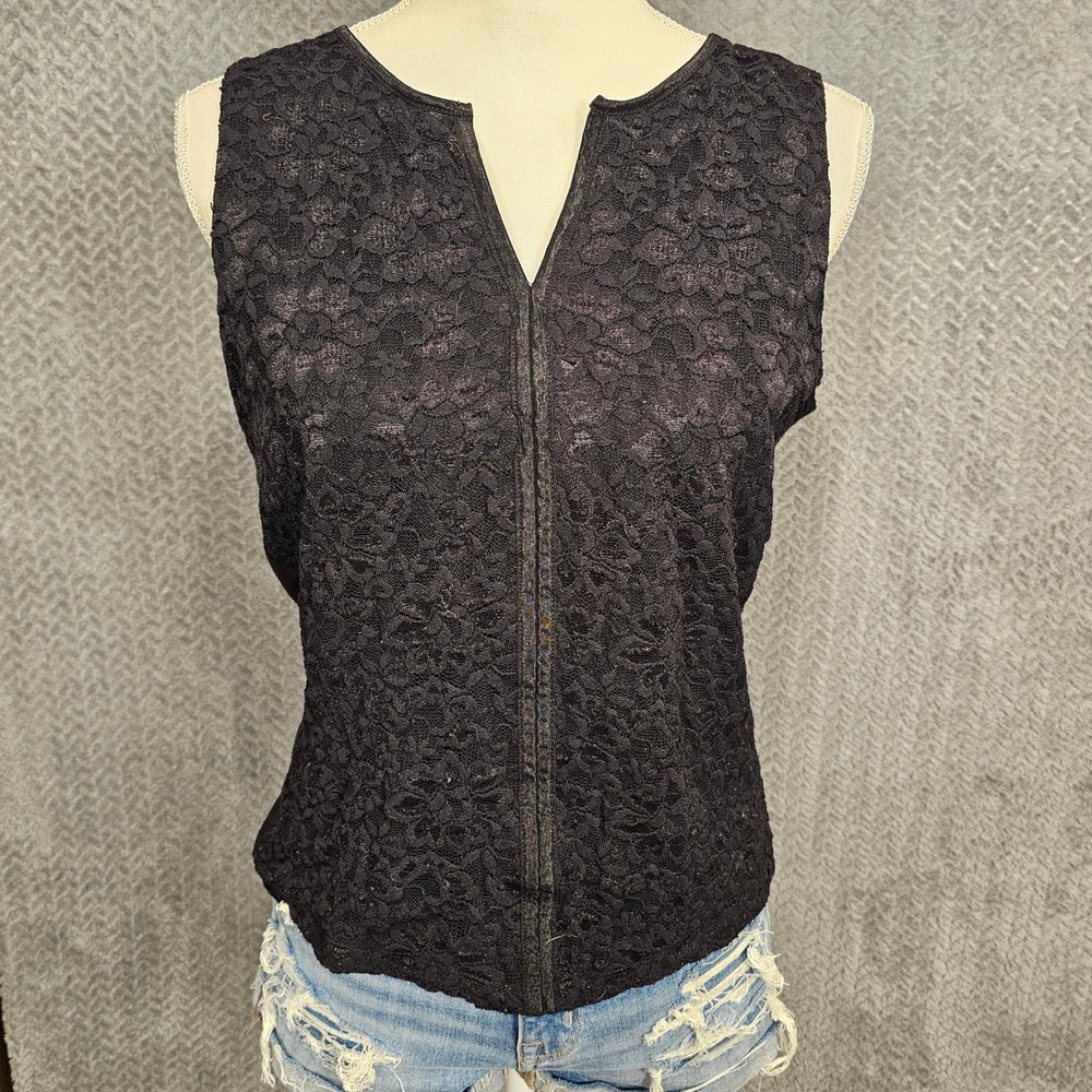 Office Siren Black Floral Lace Overlay Sleeveless Split V-Neck Tank Top Women OS